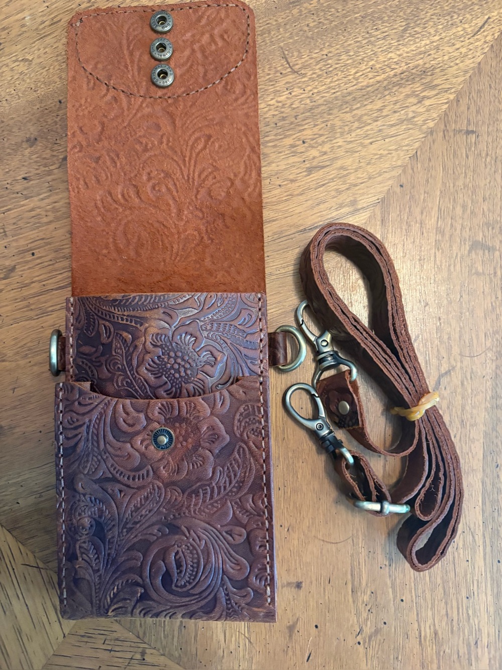 Brown Tooled Leather Crossbody Phone Pouch - Classic Men’s Bag